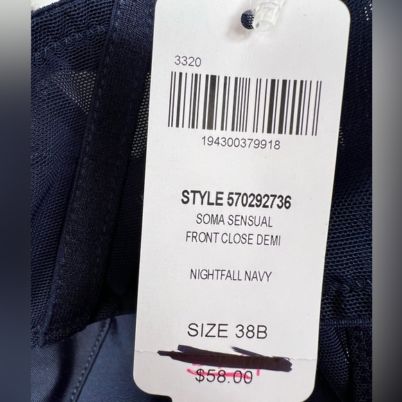 NWT Soma Sensual Front Close Lined Underwire Racerback Demi Bra 38 B Navy #0448 - Picture 10 of 13